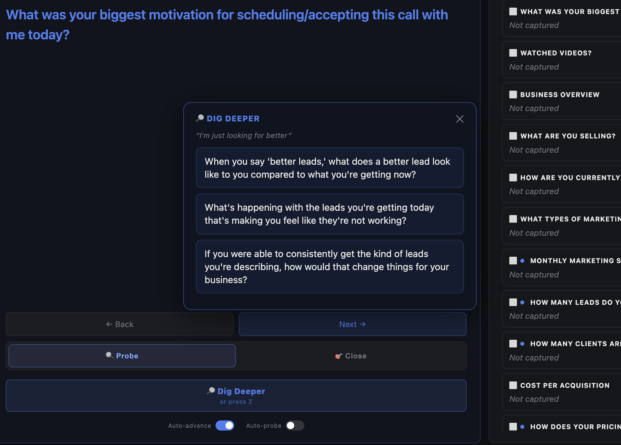 CoachMode Dig Deeper modal showing follow-up questions for a vague sales-call answer