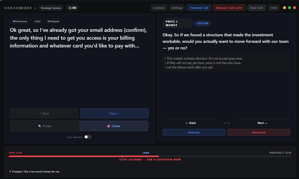 CoachMode live call coaching interface showing objection handling guidance