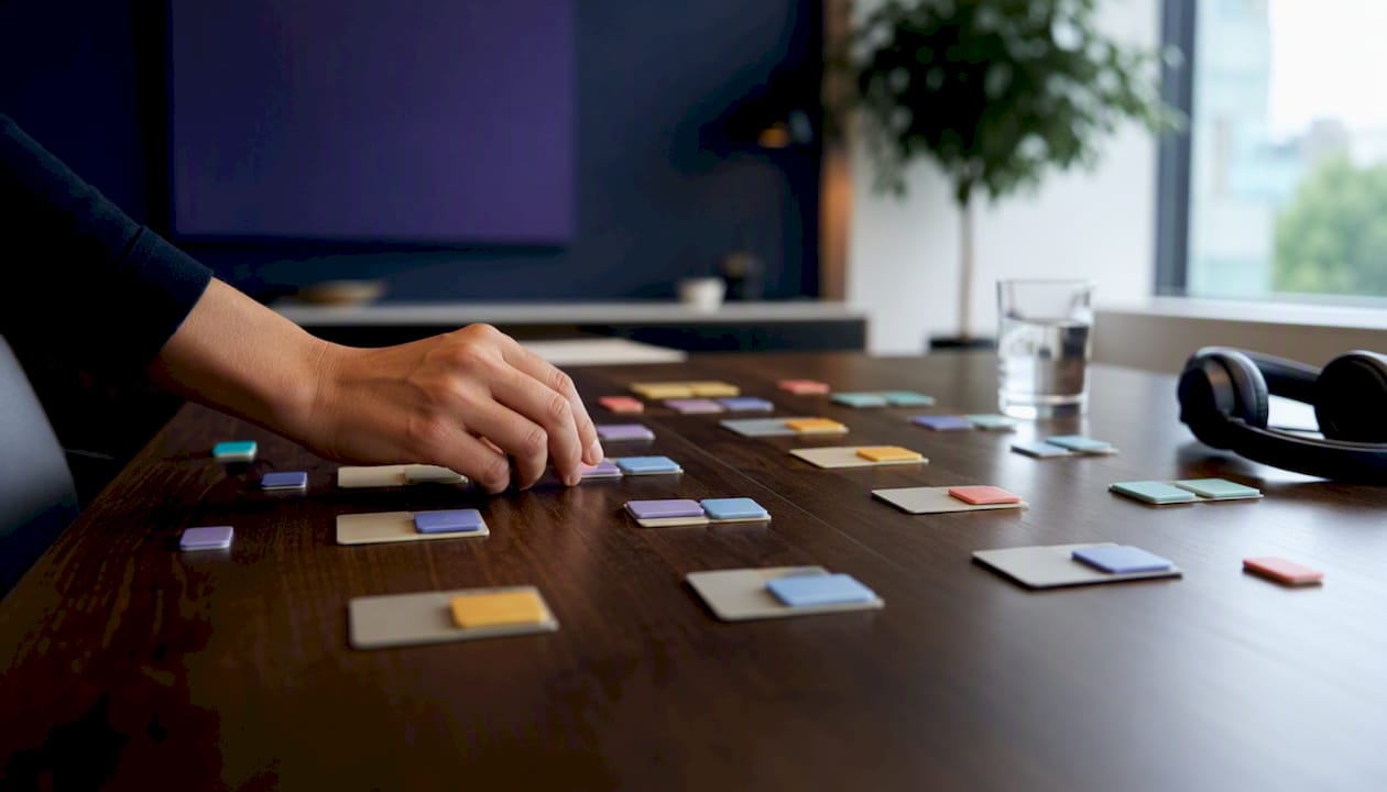 Hands arranging stakeholder map on desk