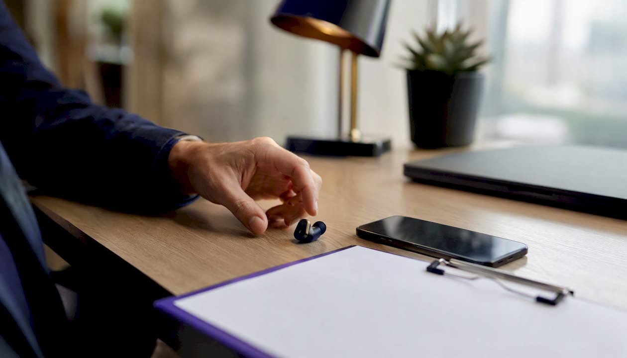 Hand reaching for wireless earpiece on desk