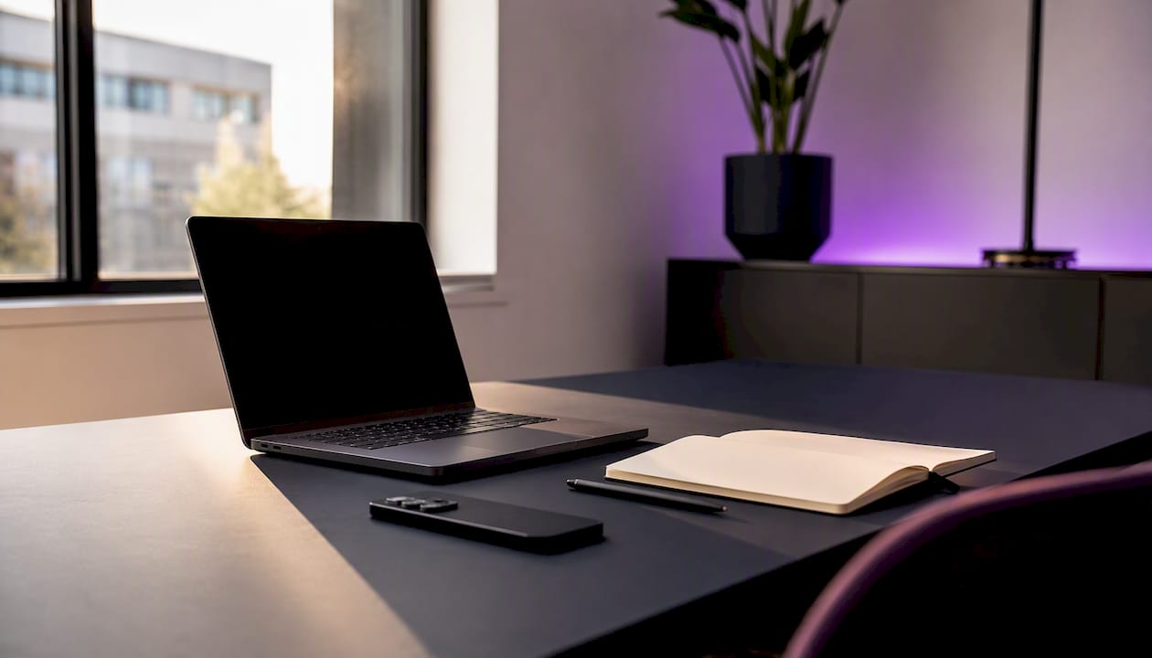 Workspace with inactive devices and blank notebook