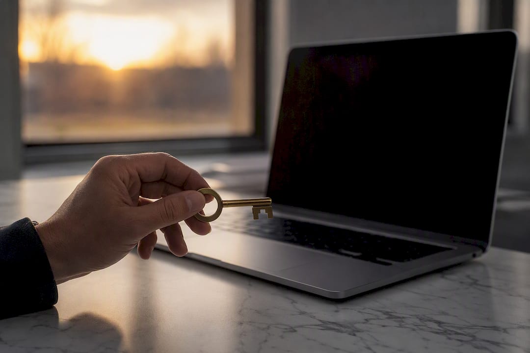 Hand holding key near laptop on desk