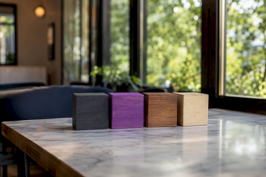 Four wooden blocks symbolizing sales script sections